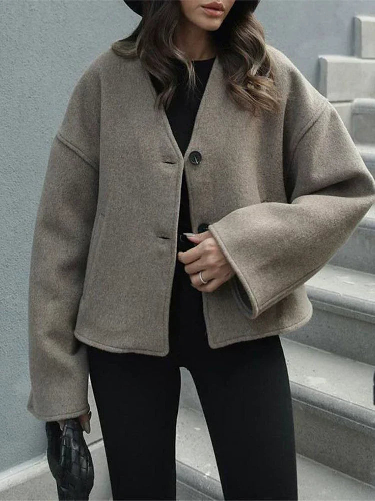 Damen Oversized Mantel V-Ausschnitt Weite Passform - Norvielle