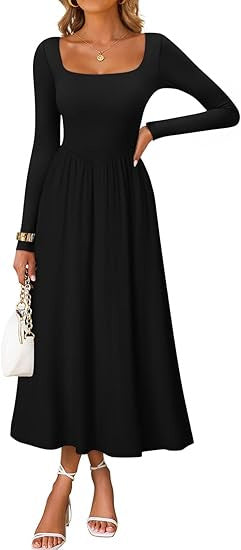 Damen Elegantes Midi-Kleid mit Quadratausschnitt und langen Ärmeln
