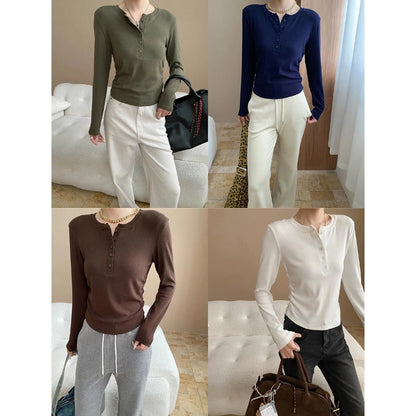 Damen Langarm Henley-Shirt Rippdetails Norvielle