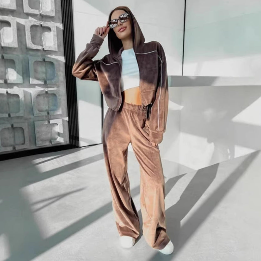 Damen Velours-Loungewear-Set Kurzer Hoodie Weite Hose