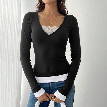 Damen Langarmshirt V-Ausschnitt mit Untertop