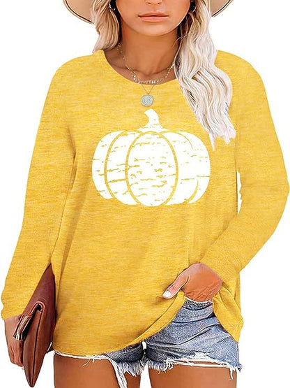 Damen Langarmshirt Kürbis-Motiv Baumwolle Herbstfarben