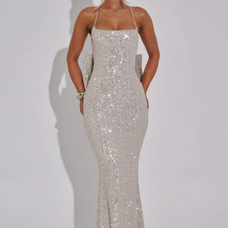 Damen Abendkleid Pailletten Elegantes Träger Schwarz - Norvielle