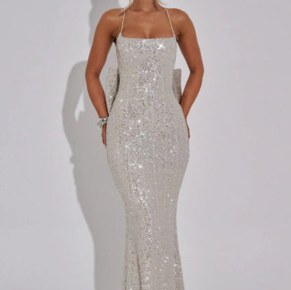 Damen Abendkleid Pailletten Elegantes Träger Schwarz - Norvielle