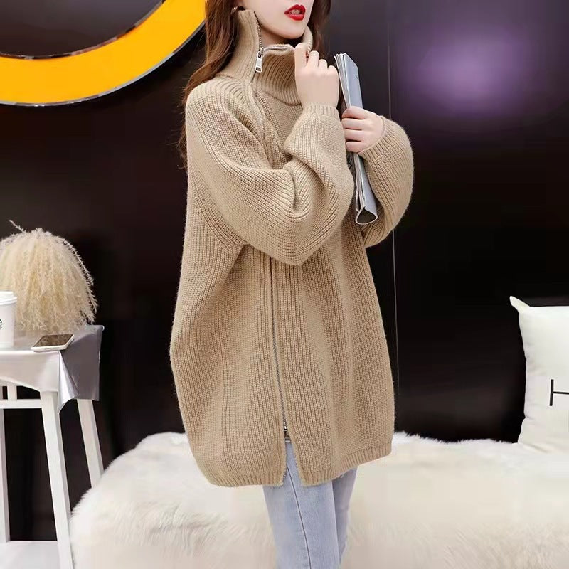Damen Rollkragenpullover Oversized Reißverschluss Gerippt Beige