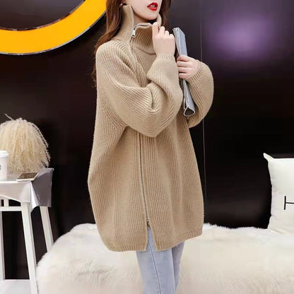 Damen Rollkragenpullover Oversized Reißverschluss Gerippt Beige