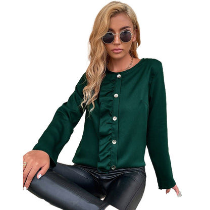 Damen Blusenshirt Rüschendetails Knopfverzierung