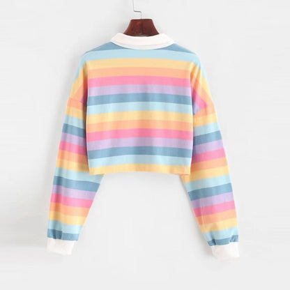Damen Poloshirt Bunt Streifen Weit Cropped