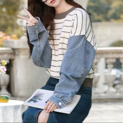 Damen Sweater mit Denim Ärmeln Norvielle