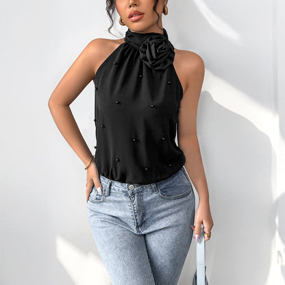 Damen Halterneck- Blumenapplikation Perlen Weiß
