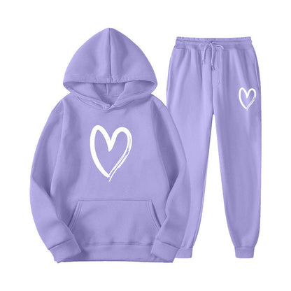 Damen Sweatanzug Kängurutasche Herzprint Grün