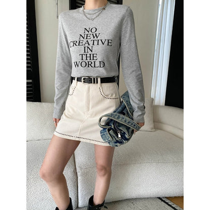 Damen Langarmshirt Kreativer Aufdruck Modischer Schnitt Weiß