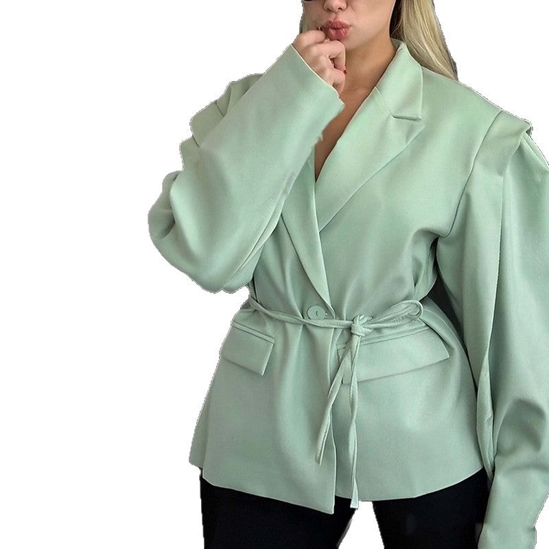 Damen Oversized Blazer mit Taillengürtel und Puffärmeln