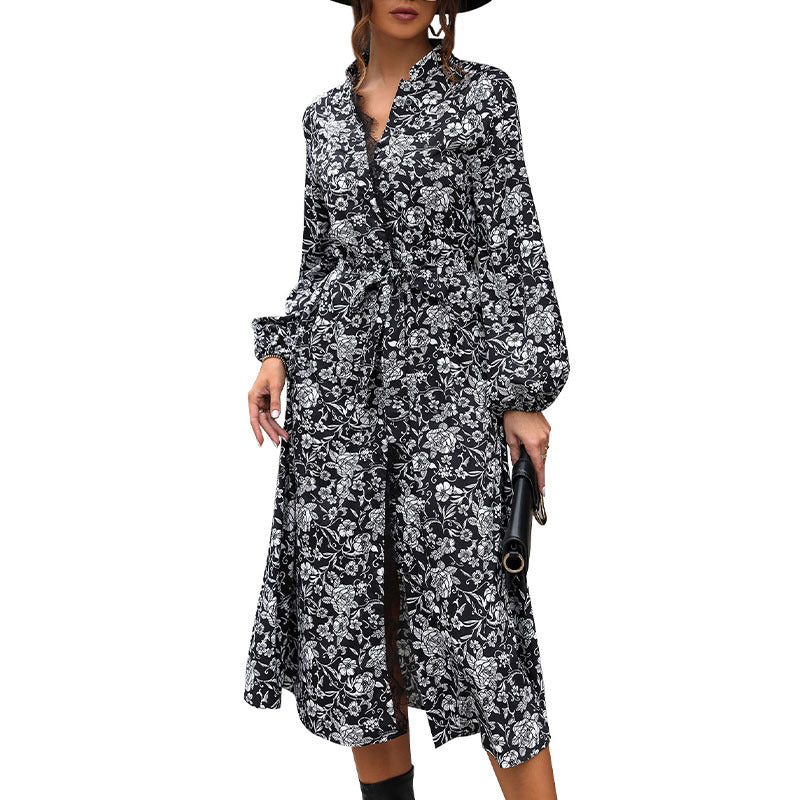 Damen Kleid Lang Floralmuster Elegante Taillierung