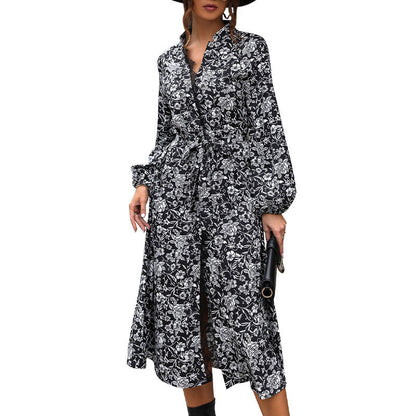 Damen Kleid Lang Floralmuster Elegante Taillierung