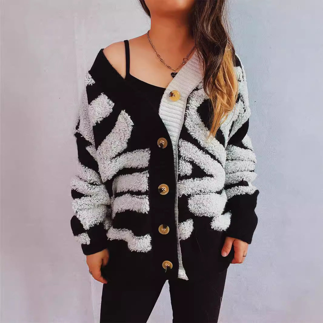Damen Strickjacke Grafisches Muster Luxusknöpfe