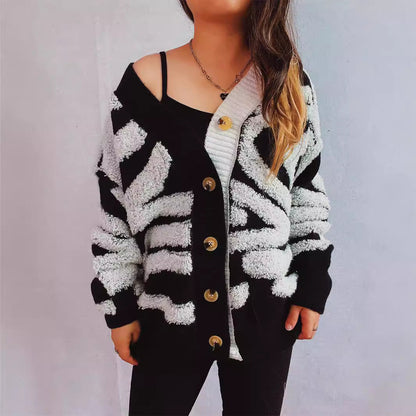 Damen Strickjacke Grafisches Muster Luxusknöpfe