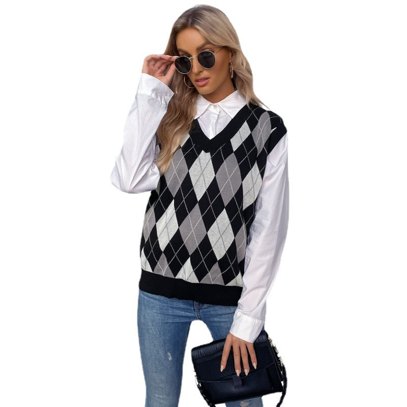 Damen Ärmelloser Pullover Rautenmuster V-Ausschnitt Norvielle
