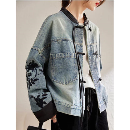 Damen Denimjacke mit Stickereien Bündchen Blumenmuster