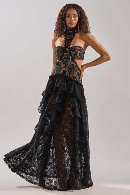 Damen Spitzentraumkleid Hochgeschlossener Kragen Fließender Rock