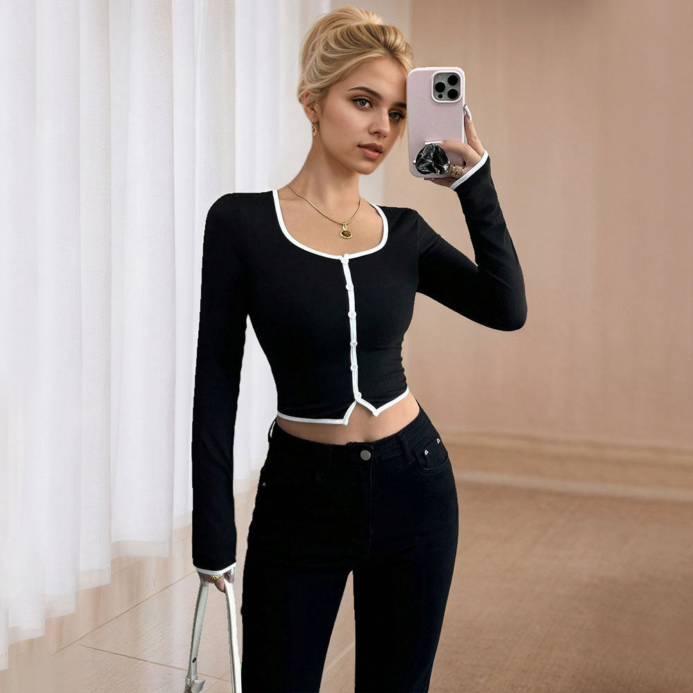 Damen Cropped Langarmshirt Feines Knopfdesign Kontrast Saum
