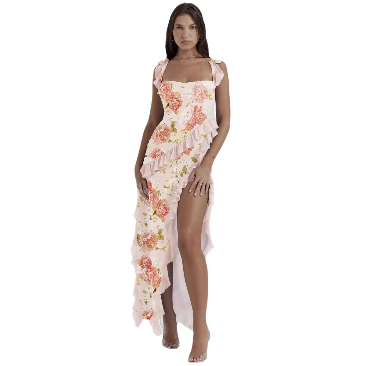 Damen Asymmetrisches Kleid mit Rüschendetails und floralem Muster