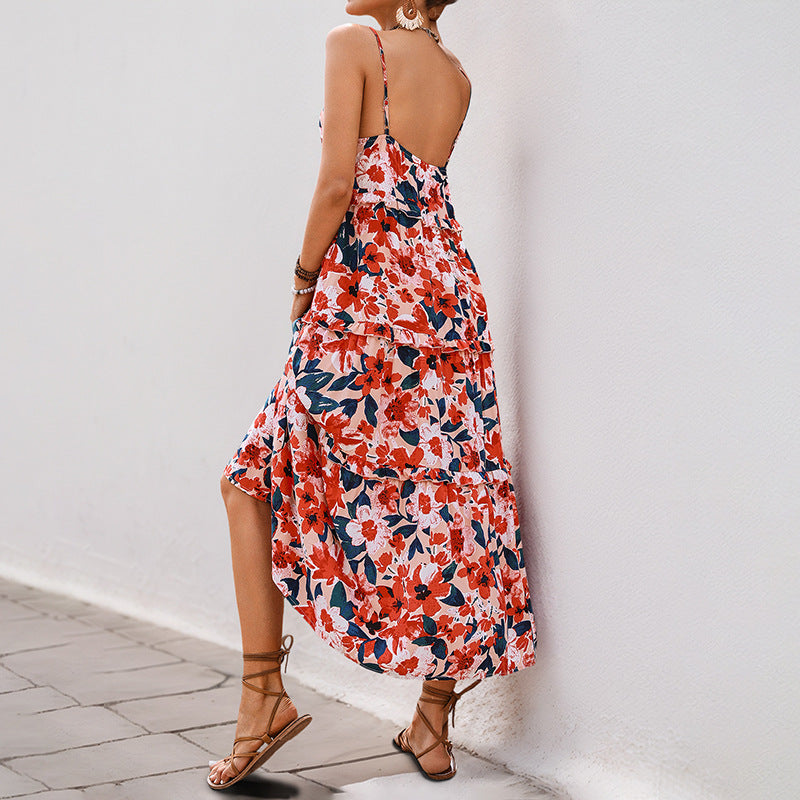 Damen Maxikleid Florale Rüschen Spaghettiträger Norvielle