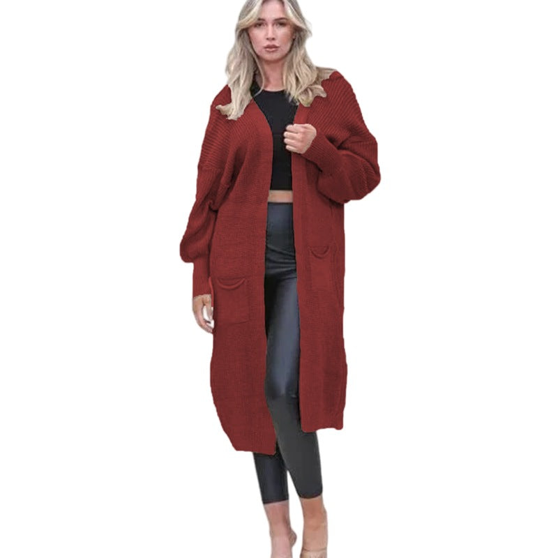 Damen Grobstrick Cardigan Offene Taschen Lässig Beige