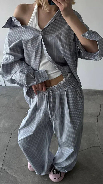 Damen Zweiteiler-Set Weite Hosen Gestreiftes Hemd