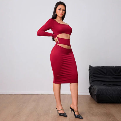 Damen Cut-Out-Midi-Kleid Asymmetrisch Langärmlig Norvielle