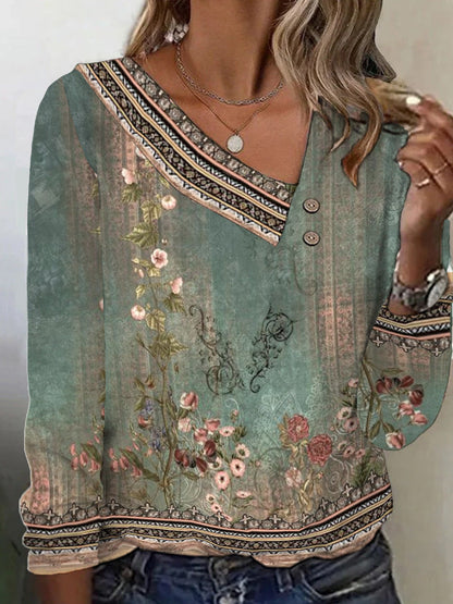 Damen Bluse Floralmuster V-Ausschnitt Bluse Norvielle