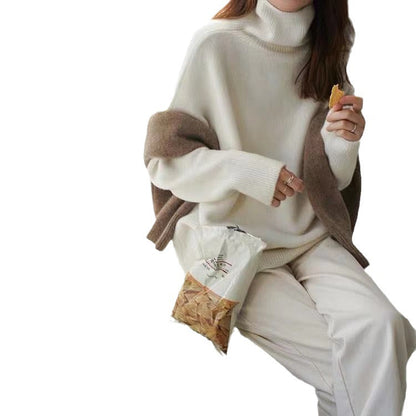 Damen Rollkragenpullover Weich Oversize Beige