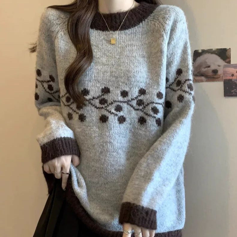 Damen Strickpullover Weich Floralmuster Spitzen Beige - Norvielle