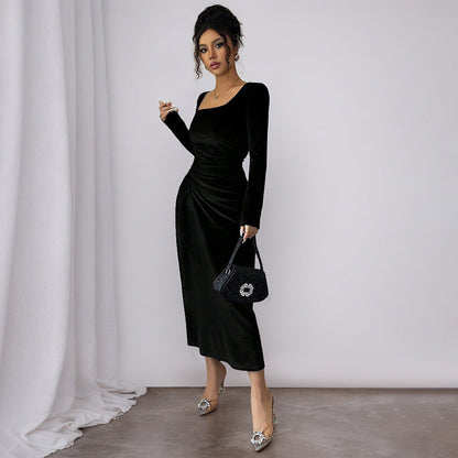 Damen Midi-Kleid Quadrat-Ausschnitt Rüschen-Detail
