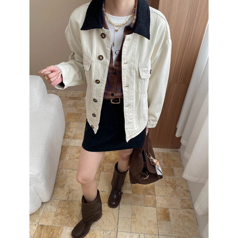 Damen Jeansjacke Mit Kontrastkragen Und Taschen