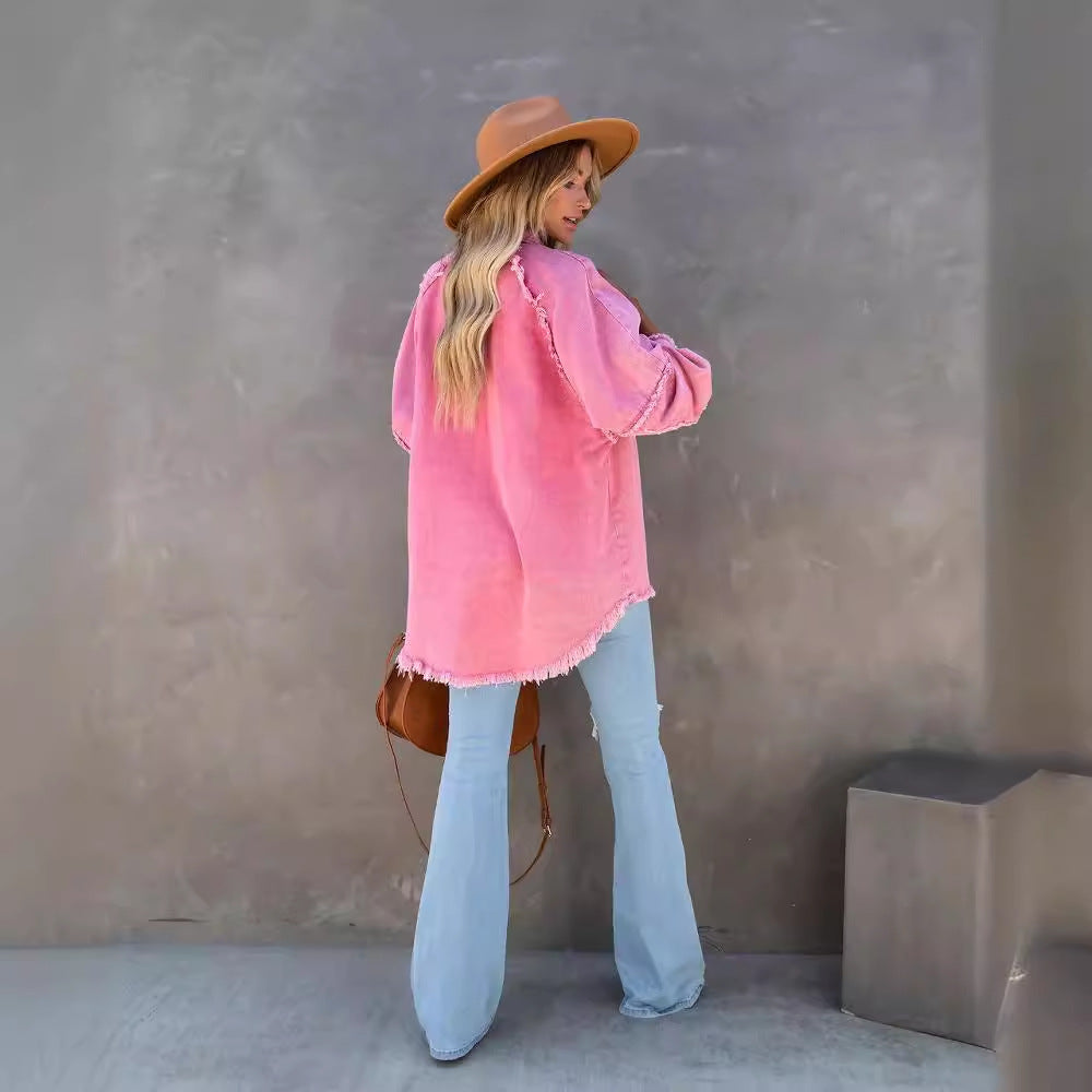 Damen Oversized Denim-Hemd mit Fransen Norvielle
