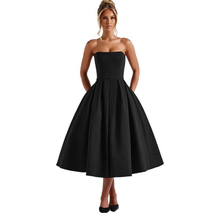 Damen Abendkleid A-Linie tief ausgeschnitten mit Plissee