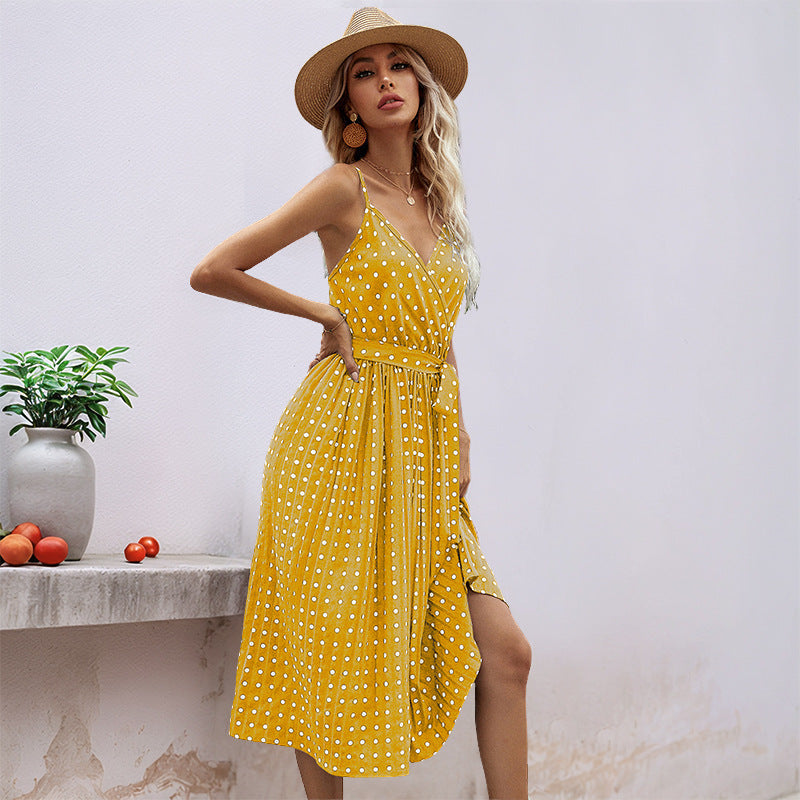 Damen Midikleid mit Gürtel Polka Dot Muster