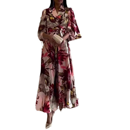 Damen Blumenkleid Tailliert Gürtel Weite Ärmel Norvielle