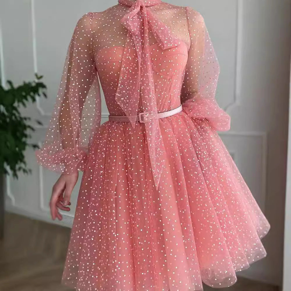 Damen Tüllkleid mit Puffärmeln und Schleifen