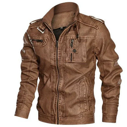 Herren Lederjacke Slim Fit Stehkragen Reißverschluss Multi-Taschen