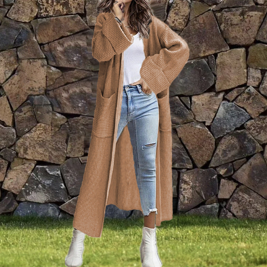 Damen Strickmantel Grobstrick Lässiger Schnitt Tiefen Taschen