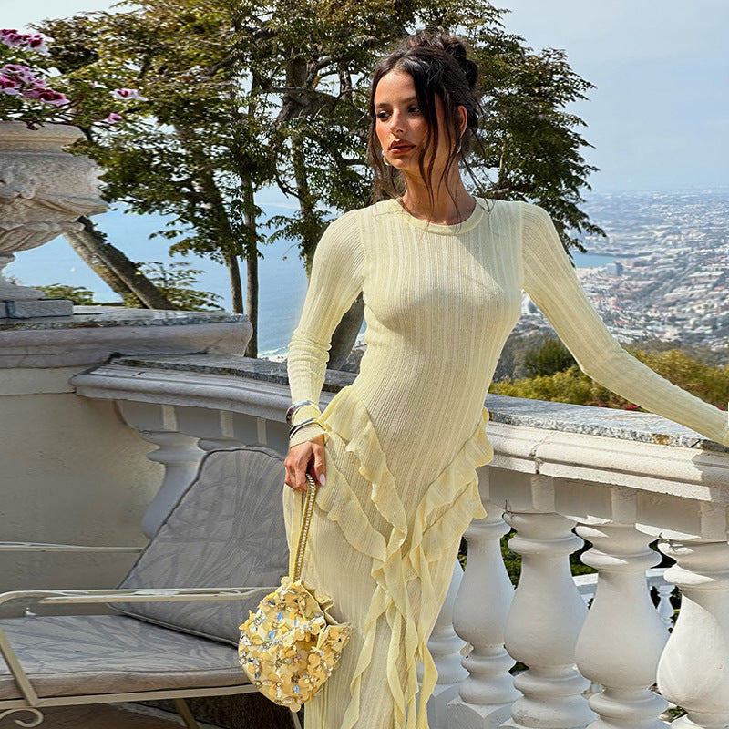 Damen Maxikleid mit Rüschen und langen Ärmeln Norvielle