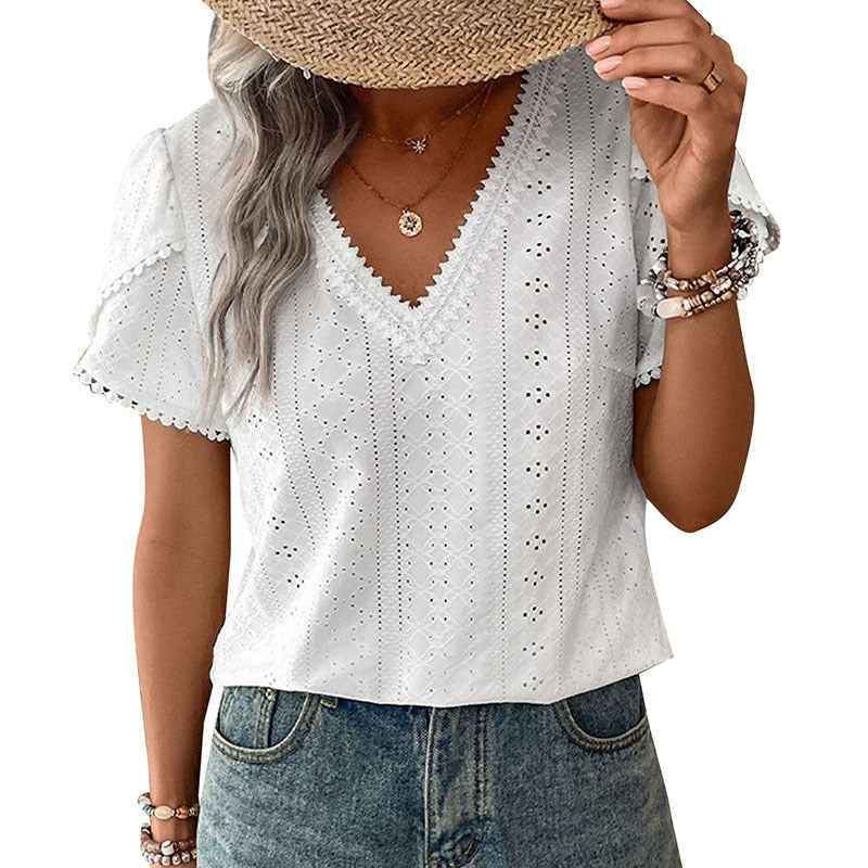 Damen Blusenshirt Luftiges Lochmuster Weiß