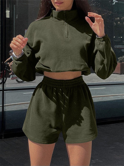 Damen Sportoberteil Cropped Kapuzenpulli mit kurzen Hosen