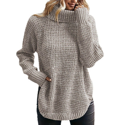 Damen Grobstrickpullover mit hohem Kragen und Taschen