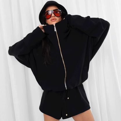 Damen Oversize Kapuzenjacke-Shorts-Set Reißverschluss Norvielle