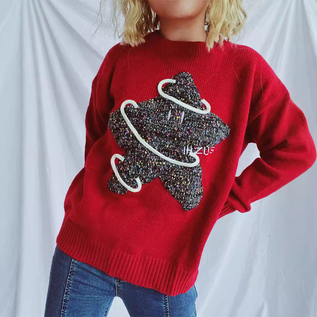 Damen Strickpullover Glitzerndes Sternenmotiv Locker Norvielle