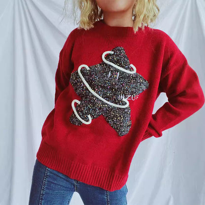 Damen Strickpullover Glitzerndes Sternenmotiv Locker Norvielle