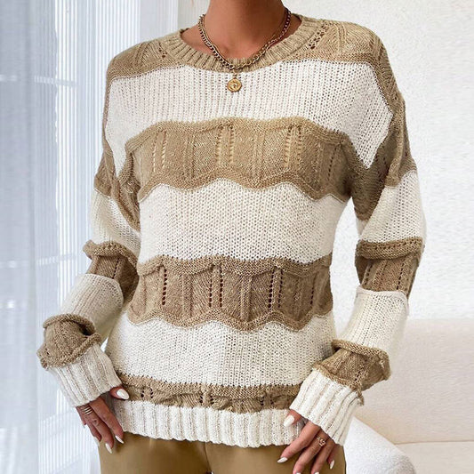 Damen Strickpullover Lässig Wellenmuster Langer Ärmel Beige - Norvielle